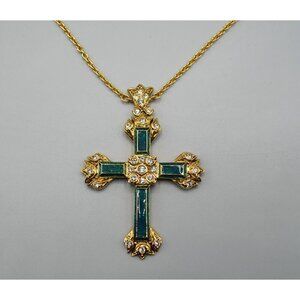 Ciro Thailand Gold Tone Cross Pendant Necklace w/ Green Inlay 19" Chain